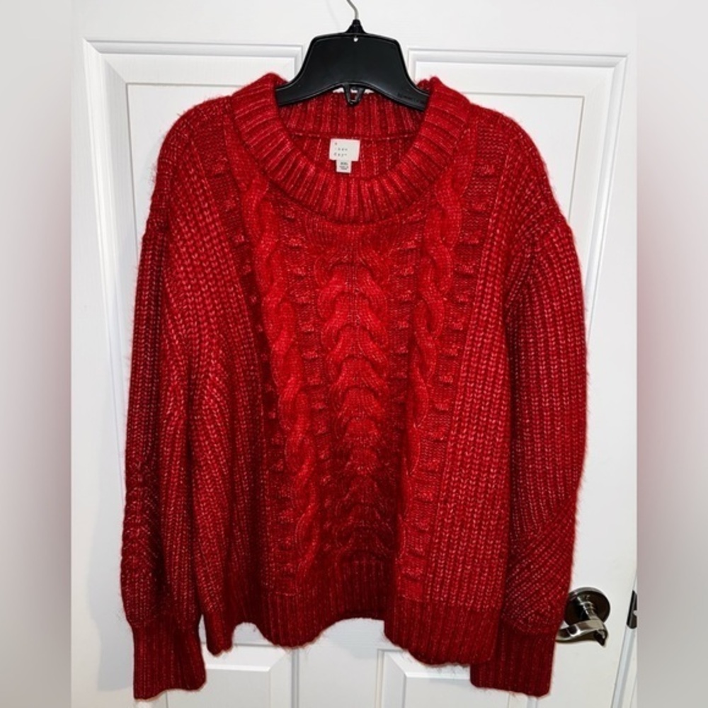 A New Day Plus Cable Knit Red Crew Neck Balloon Sleeve Sweater XXL